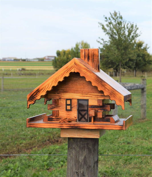 stain log cabin bird feeder