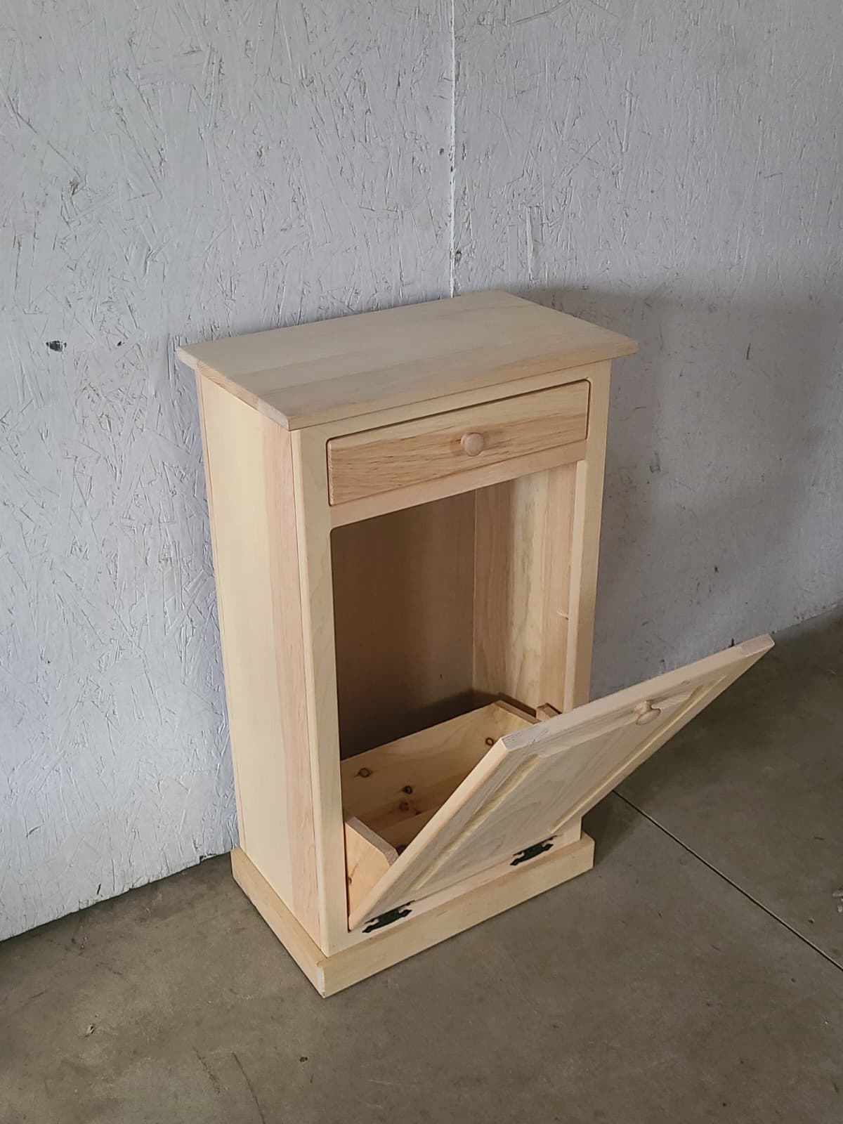 open door unfinished trash bin