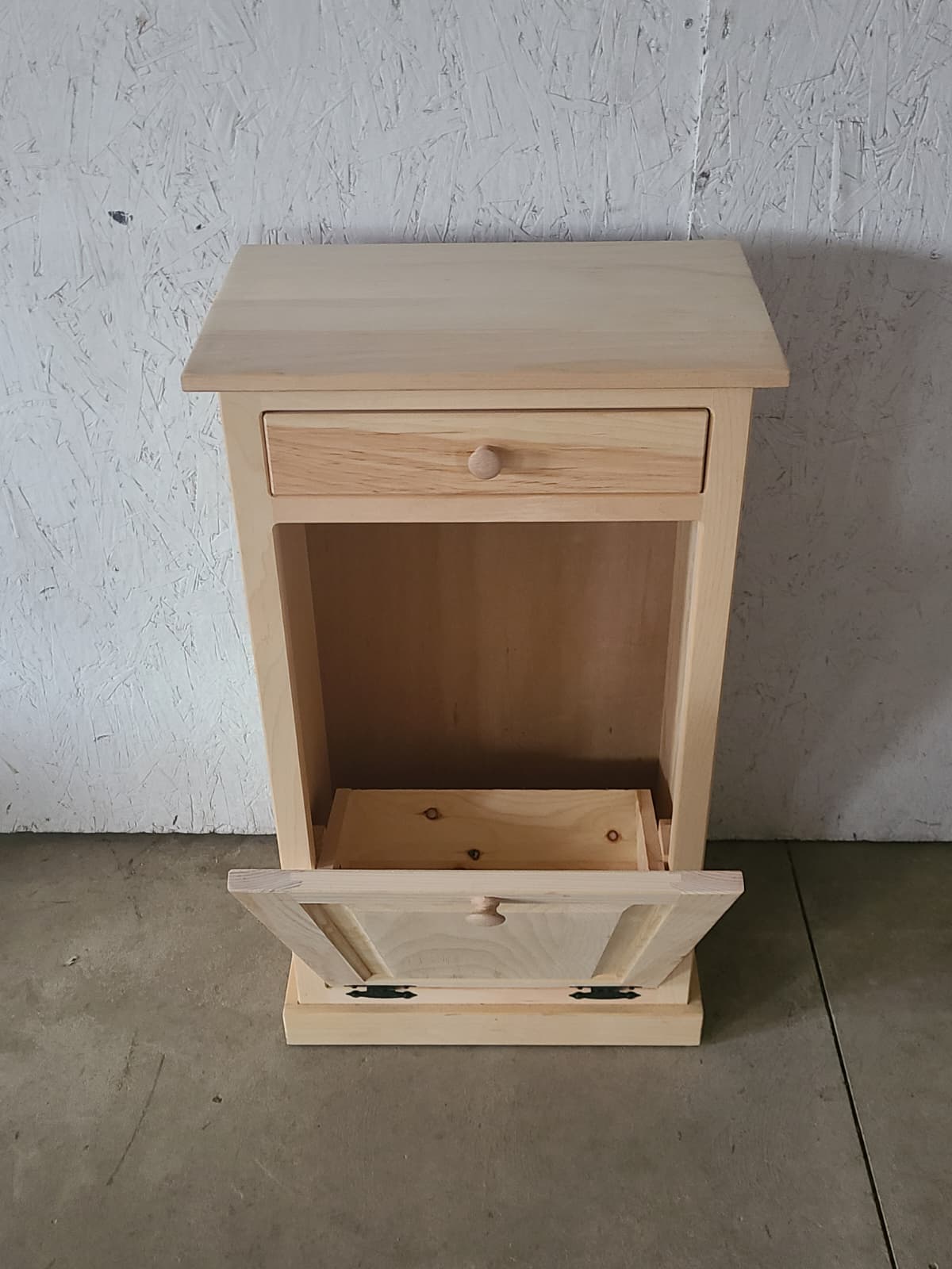 unfinished trash bin with trim open door