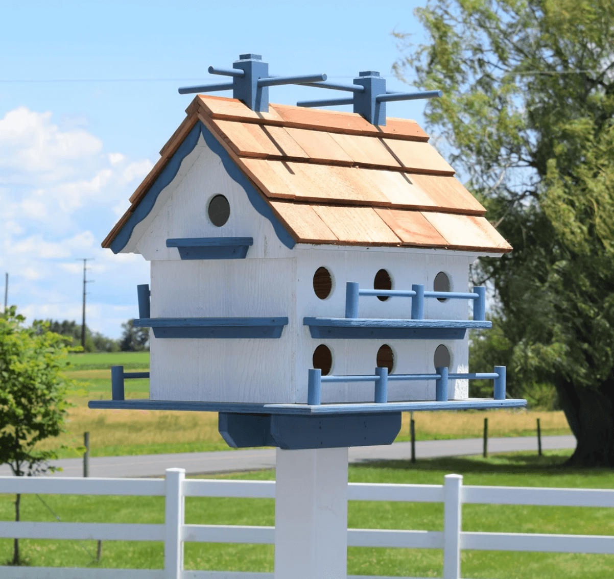 white and blue martin birdhouse