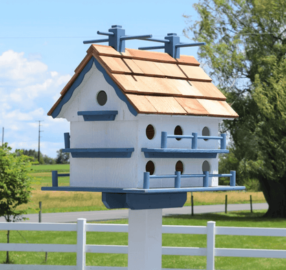 white and blue martin birdhouse