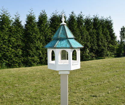 Double roof Wood and Patina bird feeder