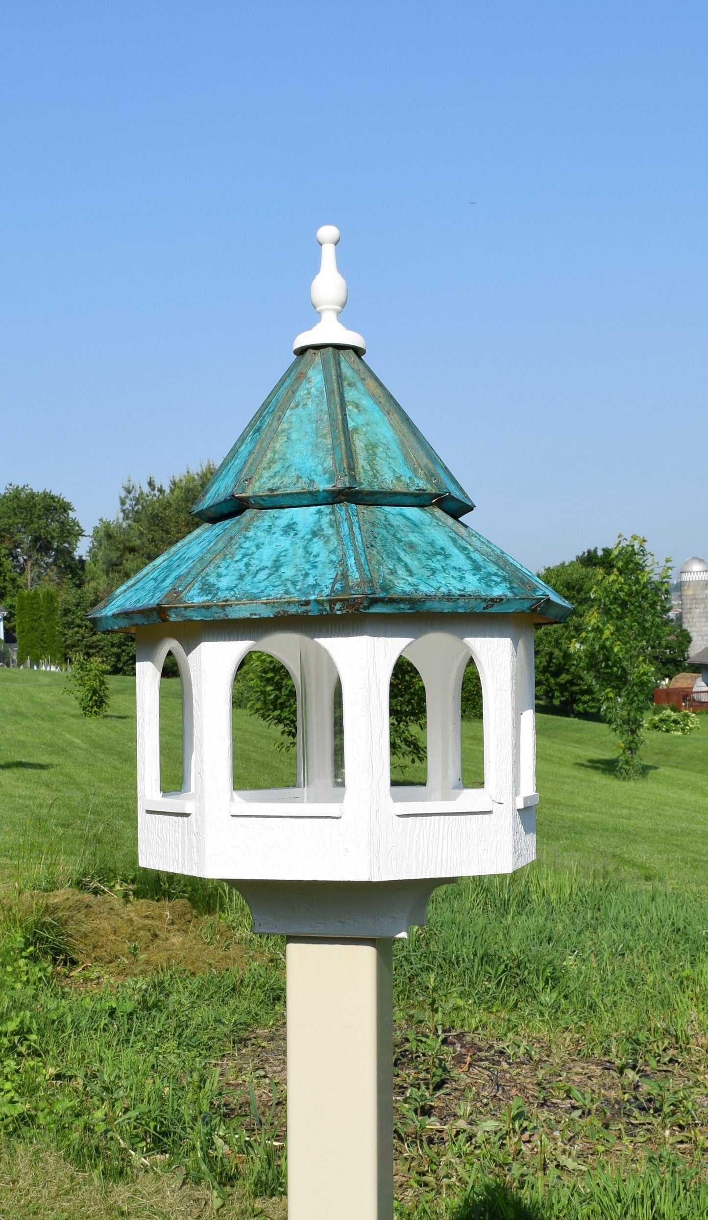 Double roof Wood and Patina bird feeder