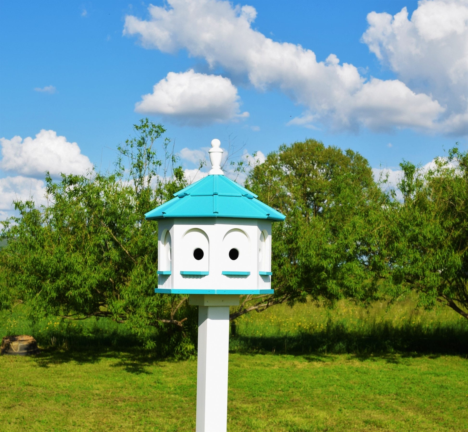 large poly bird house white and bright teal