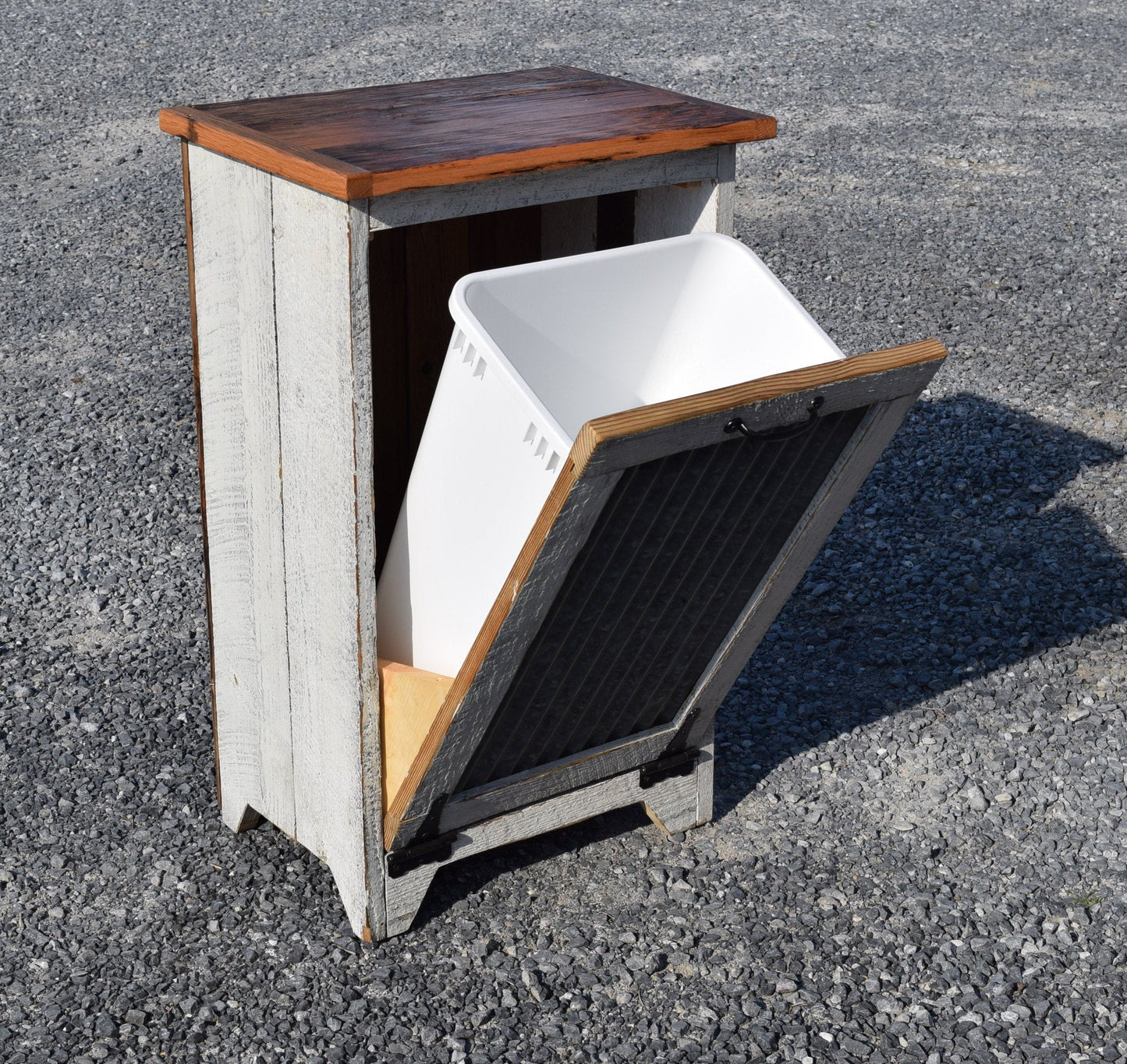 open door on white reclaimed trash bin